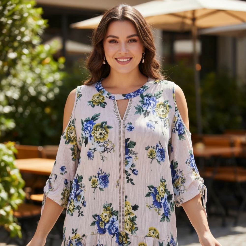 Perch by‎ Blu Pepper Womens Floral Keyhole Cold Shoulder Tunic Top 2XL